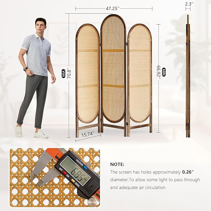 Asnefeli Wood Room Divider 3 Panels, Folding Rattan Room Divider Wall, Unique Design Folding Portable Partition Screen, Foldable Privacy Screen Wall Divider for Home Office Restaurant Bedroom (Brown)