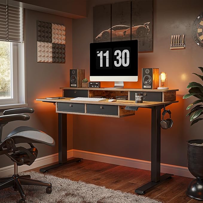 FEZIBO 55'' x 30'' Electric Standing Desk with 4 Storage Drawers, Adjustable Height Computer Table with Monitor Shelf, Stand Up Desk for Study, Gaming, Workstation, Rustic Brown Top