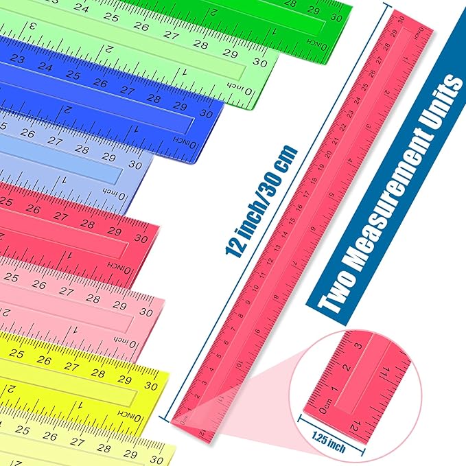 12 Inch Plastic Rulers, 32 PCS Transparent Assorted Color Metric Bulk Rulers with Inches Centimeters Millimeter. Measuring Drawing Tool for Kids, Ideal Back to School Office Home Supplies
