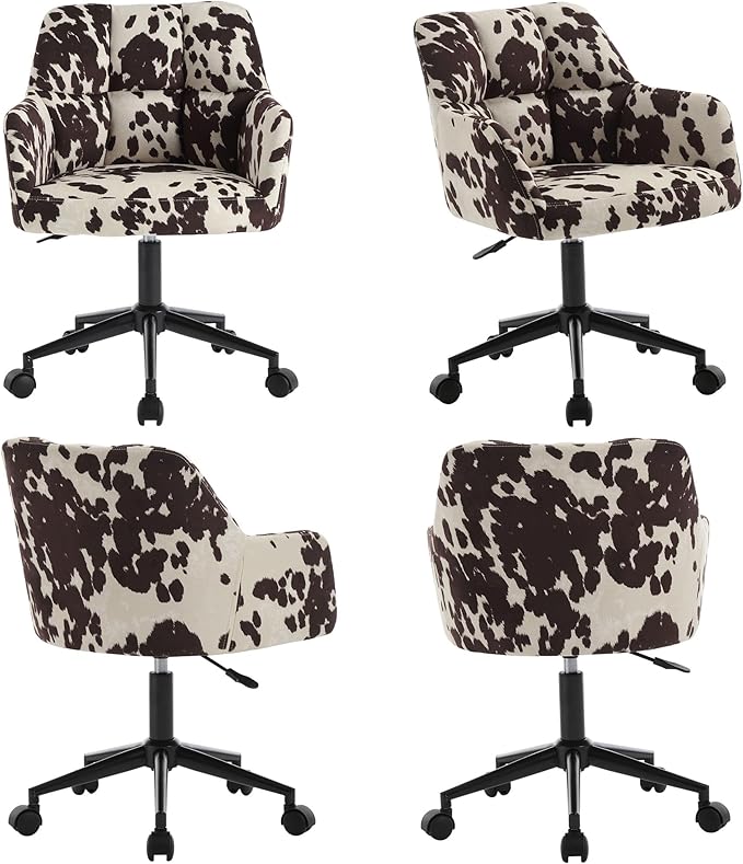VESCASA Adjustable Home Office Desk Chair with Comfy Back, Linen 360 Swivel Upholstered Task Armchair with Wheels for Teens Bedroom/Living Room, Cowhide Print