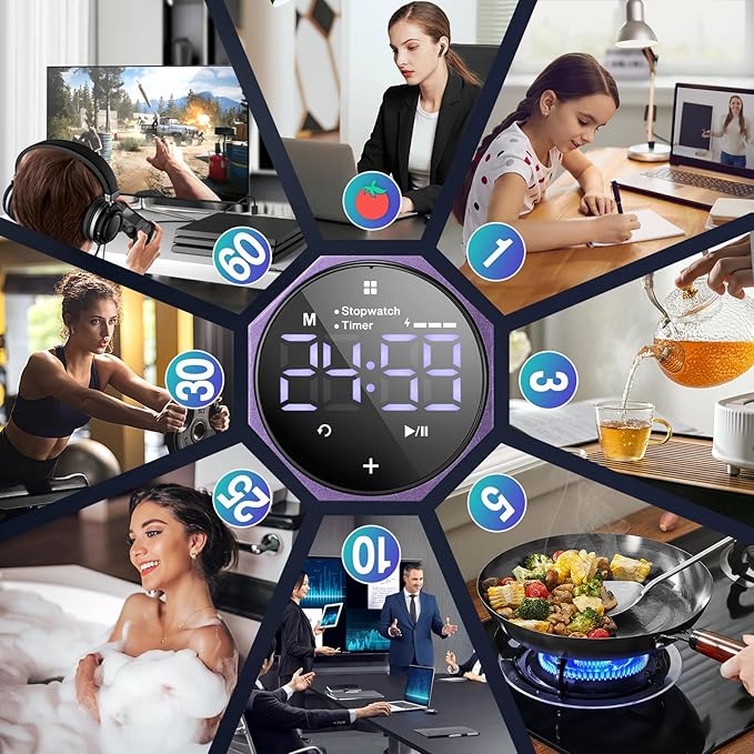 Digital Pomodoro Timer,Frosted Metal Productivity Cube Timer,1.8 in LED Digital Large Screen and Auto-Rotating Display,1/3/5/10/25/30/60min&Custom Time, Silent & Alarm,for Office, Study, Work(Purple)