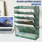 EASEPRES 6 Tier Desk File Organizer, Mesh Hanging Wall Mount Document Organization Stand, Desktop Vertical Mail Paper Folder Holder Rack with Bottom Tray for Office Cubicle, Sides Closed, Dark Green