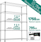 M MZG 5 Tiers Shelf 1750 lbs Steel Storage Shelving Utility Shelving Unit Steel Organizer Wire Rack for Home,Kitchen,Office,Garage Chrome 17.7" D x 47.2" W x 72.4" H