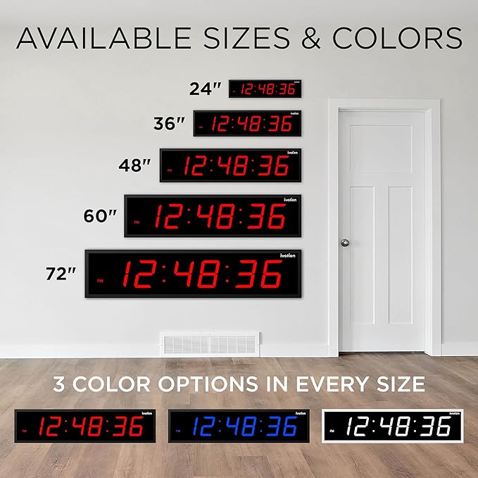 Ivation Huge Oversized 72" Large Digital LED Clock | Big Digital Clock w/Multi-Function Display – Stopwatch, Timer, Alarms, Temp & Date | 6 Brightness Levels, Time Memory & Remote (Red)