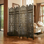 5.75Ft Room Divider Wood Screen, 33Lbs Durable Antiqued Style MDF Carved Headboard, Reversible Freestanding Folding Partition Paravent for Home Terrace, 69 * 71 inch(H*W) - 4 Panels (Antique Brown)