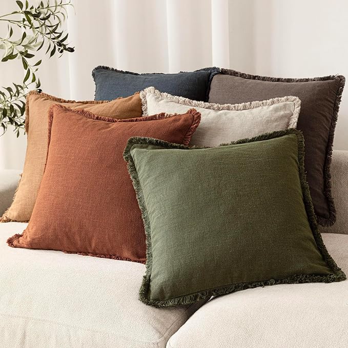 Foindtower Set of 2 Decorative Linen Fringe Throw Pillow Covers Boho Farmhouse Cushion Cover with Tassels Soft Accent Pillowcase for Couch Sofa Bed Living Room Home Decor,18×18 Inch,Orange Brown