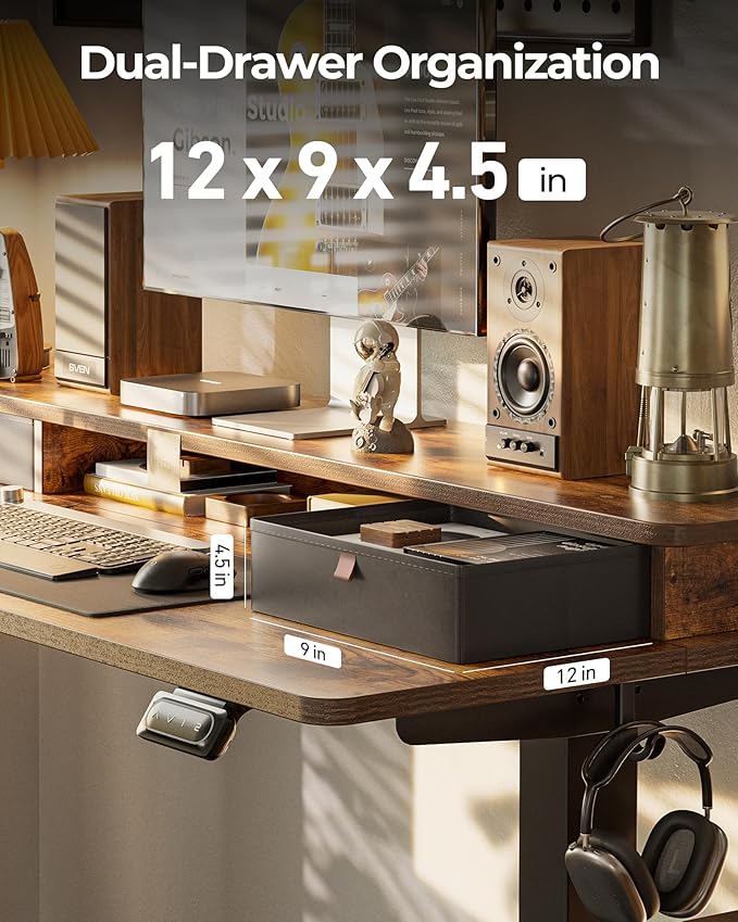 FEZIBO 55'' x 24'' Height Adjustable Electric Standing Desk with Double Drawer, Computer Workstation, Home Office Stand Up Table with 4 Height-Adjustable Feets & 2 Hooks, Vintage Brown