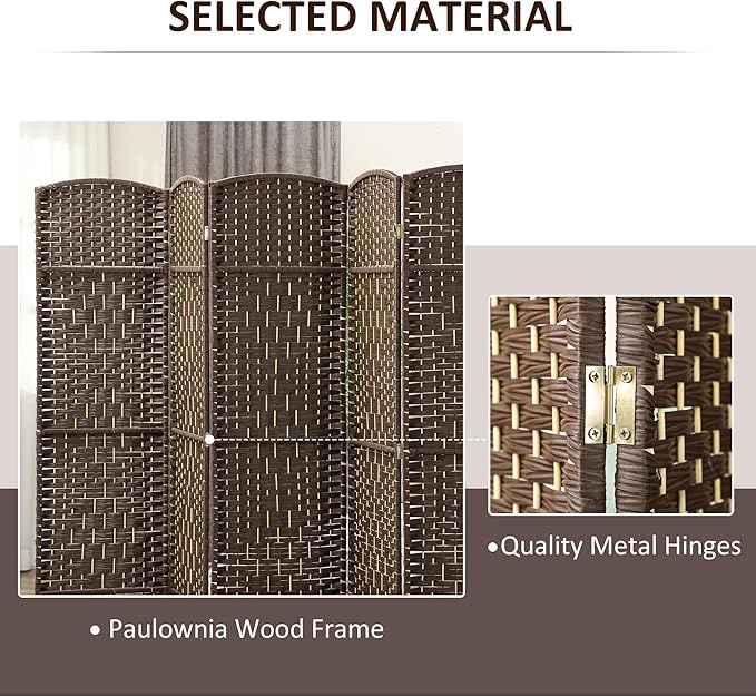 HOMCOM 6 Panel Room Divider, 6' Tall Folding Privacy Screen, Hand-Woven Freestanding Wall Partition for Home Office, Bedroom, Brown