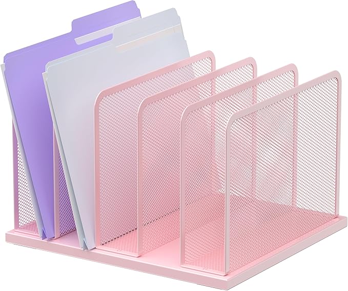 Kuntine.B Desk File Organizer Upright Mesh Desktop Organizer File Sorter Office Organization File Holder for Home, Office & Classroom (Pink, 1 Pack 5-Section)