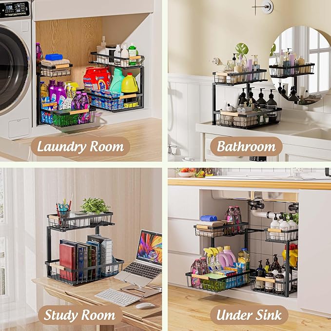 Dihmpor Under Sink Organizer and Storage, 2 Pack Slide Out Under Cabinet Storage Pull Out Sink Shelf Cabinet Storage Shelves, Undersink Organizers for Kitchen Bathroom Cabinet