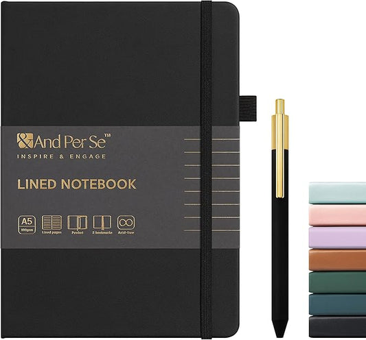 A5 Lined Leather Journal and Pen Set, Hardcover Notebook with Pen, 160 Pages 100gsm Thick Ruled Paper for Men Women, for Work, Business, School or Home Writing, 5.7'' x 8'' (Black-Set1)