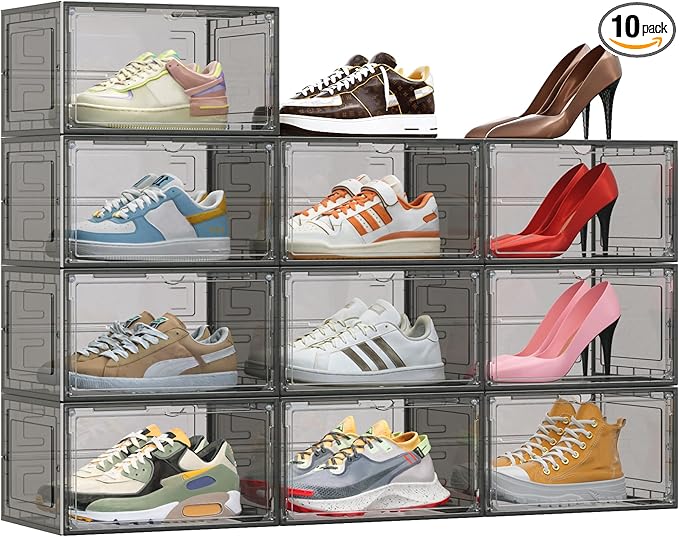 TOFWOF 10 Pack XX Large Shoe Organizer, Heavy-Duty Hard Thicken Plastic Clear Stackable Shoe Storage Box Organizer for Closet, Space-Saving Shoe Rack Display Case Bin Containers for Sneakers, Grey