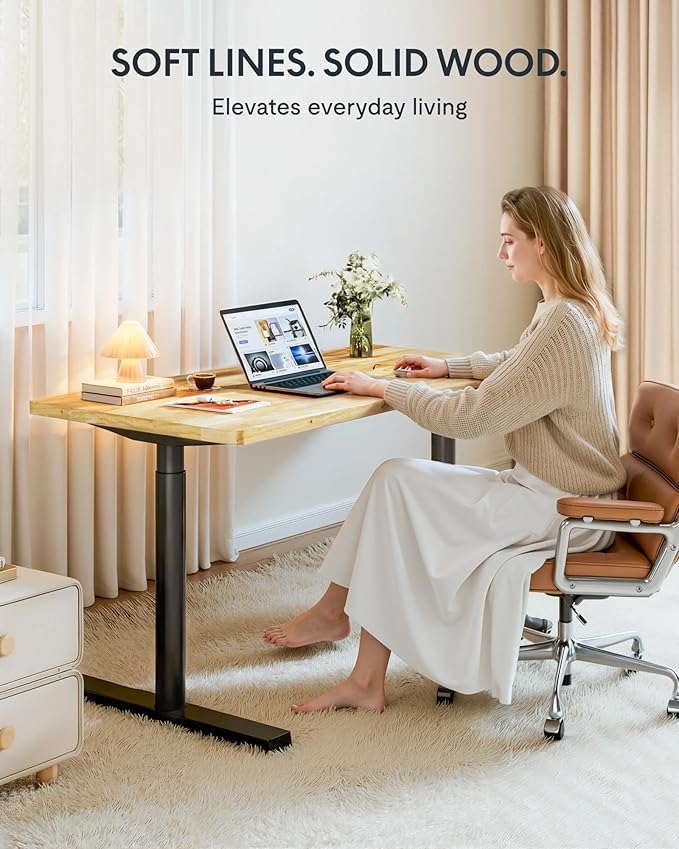 FLEXISPOT Solid Rubberwood Electric Standing Desk with Elegant Oval Legs, 48"x24" Height Adjustable Desk for Home Office & Living Spaces (Black Frame)