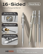 Nicpro 4 Pack Mechanical Pencil 0.7mm with Case, MB1000 Metal Mechanical Pencil Set with 6 Tube HB #2 Lead Refill 0.7 mm, 3PCS 4B Eraser, 9 Cap Eraser for Artist Drafting Writing, Sketching, Drawing