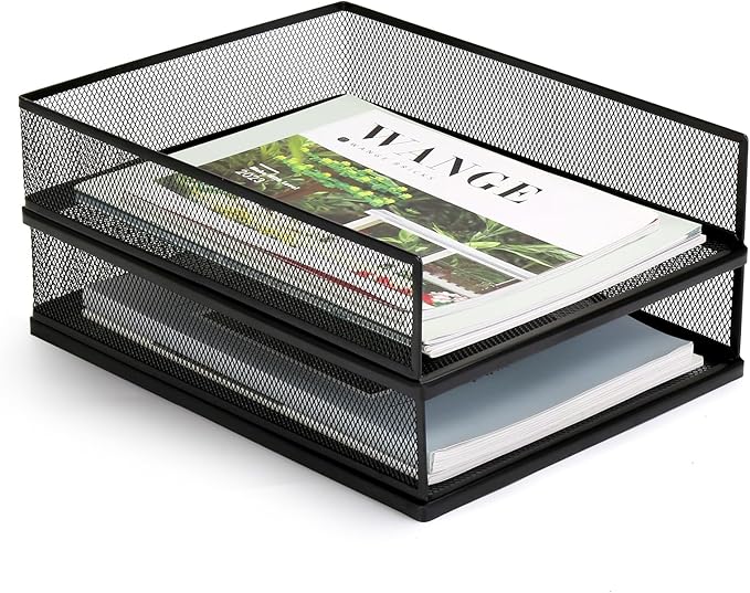 AZFUNN Wire Mesh Letter Trays Paper Tray Desk File Organizer, 2 Pack Stackable Metal Front-Load Documents Tray for Office Supplies File (Lengthways)