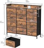 Welfuturer Dresser for Bedroom with 12 Drawers Clothes Dresser with Charging Station and LED Light Fabric Storage Tower for Living Room Hallway Closet Sturdy Steel Frame Wooden Top Rustic Brown