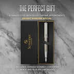 Scriveiner Stainless Steel Fountain Pen - Stunning Luxury Pen with Steel Finish, Schmidt Steel Nib (Fine), Best Pen Gift Set for Men & Women, Professional, Executive Office, Nice Designer Pens