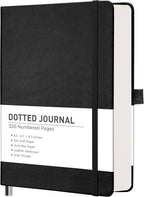 RETTACY Bullet Dotted Journal Notebook, 320 Numbered Pages, A5 Medium Size (5.7'' × 8.3''), Leather Hardcover, 100 GSM Thick Paper, for Bullet Journaling, Planning, Tracking (Black)