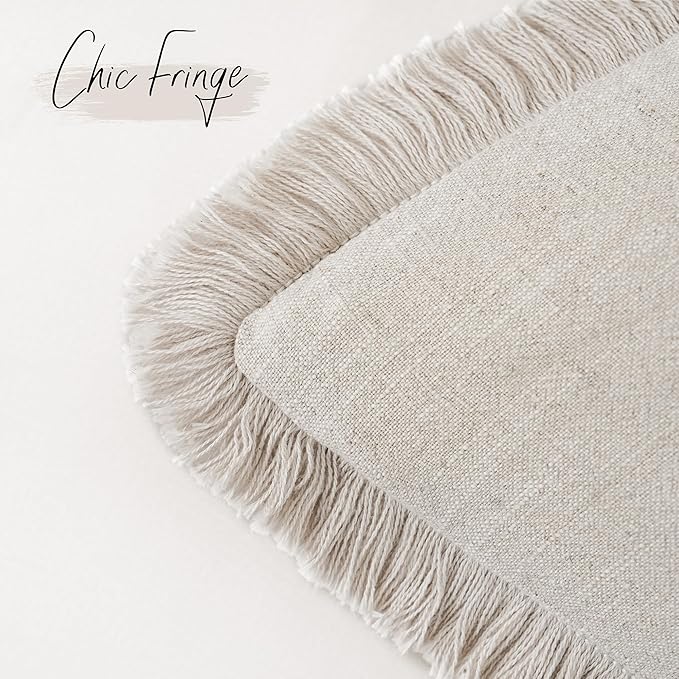 Foindtower Set of 2 Decorative Linen Fringe Throw Pillow Covers Cozy Boho Farmhouse Cushion Cover with Tassels Soft Accent Pillowcase for Couch Sofa Bed Living Room Home Decor, 24×24 Inch, Beige