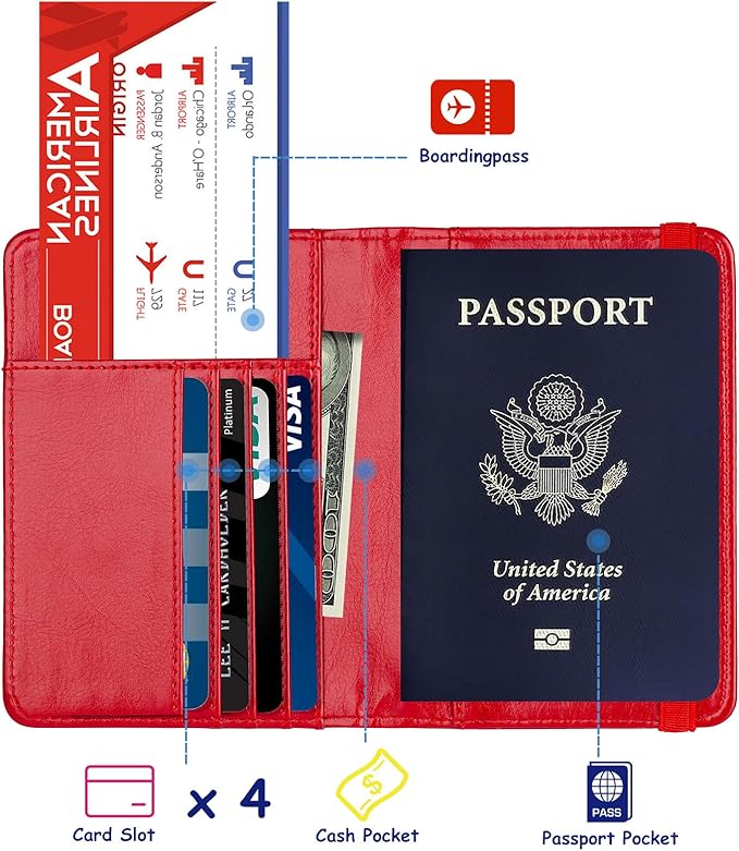 TOURSUIT Rfid Blocking Passport Holder for Women Men, Leather Passport Travel Wallet with Metal 3D Metal Badge, Travel Document Holder Cover Accessories (Red)