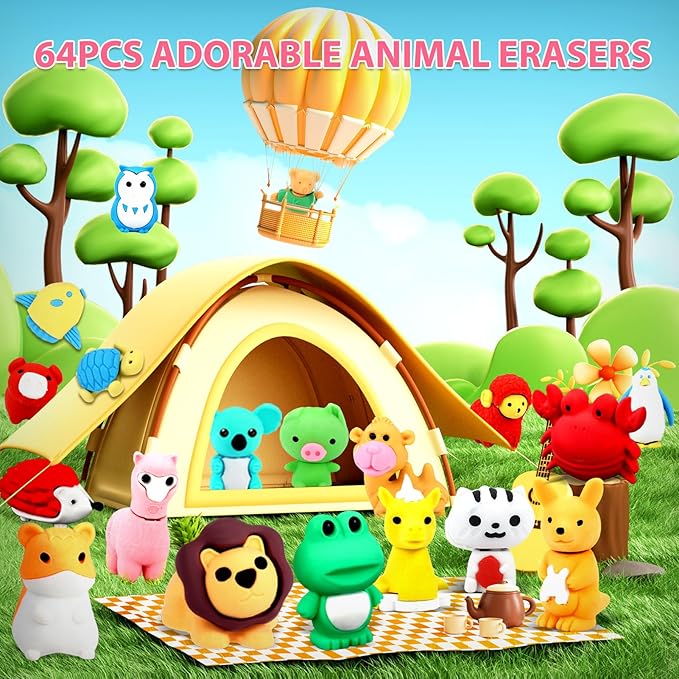 64Pcs Animal Erasers Bulk Cute Desk Pets Kids Puzzle Erasers Take Apart Cool 3D Eraser Mini Pencil Eraser Fun Party Favors for School Supplies Classroom Rewards Easter Egg Fillers Gifts