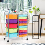 COSTWAY 15 Drawer Rolling Storage Cart, Multipurpose Mobile Storage Organizer w/Removable Drawers & Metal Frame, Utility Tools Paper Organizer on Wheels for Home, Office (Multi-color)