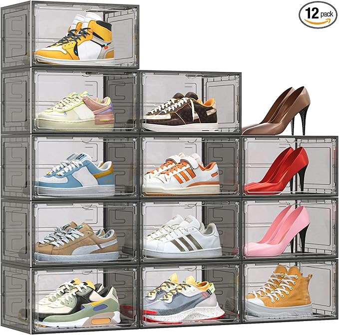 TOFWOF 12 Pack XX Large Shoe Organizer, Heavy-Duty Hard Thicken Plastic Clear Stackable Shoe Storage Box Organizer for Closet, Space-Saving Shoe Rack Display Case Bin Containers for Sneakers, Grey