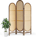 Asnefeli Wood Room Divider 3 Panels, Folding Rattan Room Divider Wall, Unique Design Folding Portable Partition Screen, Foldable Privacy Screen Wall Divider for Home Office Restaurant Bedroom (Brown)