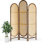 Asnefeli Wood Room Divider 3 Panels, Folding Rattan Room Divider Wall, Unique Design Folding Portable Partition Screen, Foldable Privacy Screen Wall Divider for Home Office Restaurant Bedroom (Brown)