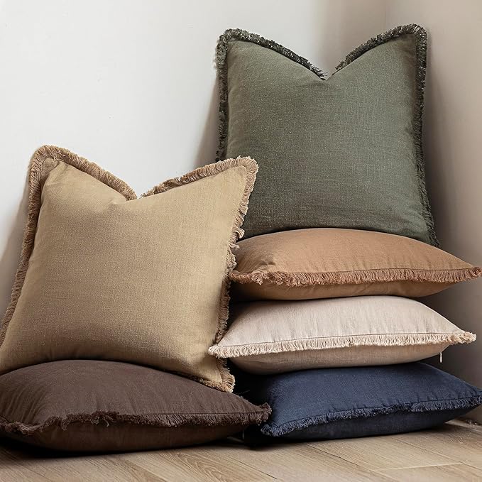 Foindtower Set of 2 Decorative Linen Fringe Throw Pillow Covers Cozy Boho Farmhouse Cushion Cover with Tassels Soft Accent Pillowcase for Couch Sofa Bed Living Room Home Decor,26×26 Inch,Reddish Brown