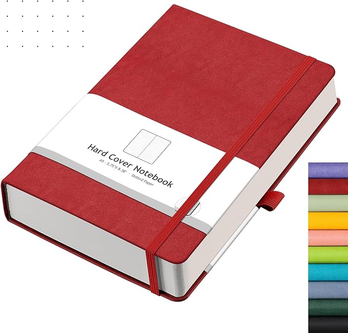 AHGXG Bullet Dotted Journal - 320 Numbered Pages Dot Grid Notebook A5 Thick Journal, 100gsm Thick Dotted Paper, Leather Hardcover,Inner Pocket, 5.75'' × 8.38'' - Red