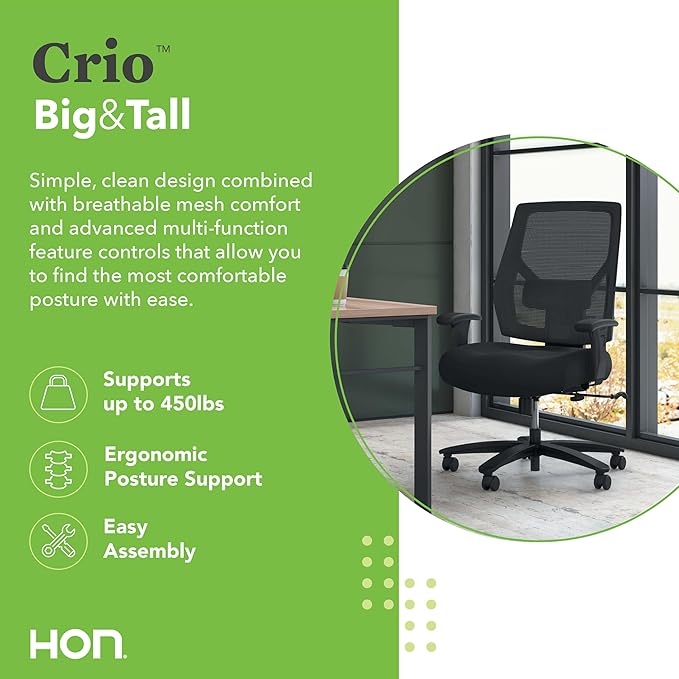 HON Crio Big and Tall Office Chair, 450lbs Weight Capacity, Extra Wide Desk Chair, Heavy Duty Tilt Recline, Swivel Wheels, Comfortable for Long Hours