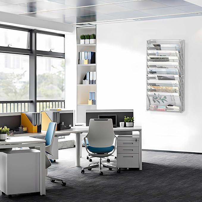 EasyPAG Wall File Holder 10 Tier Mesh Hanging Folder Organizer with Flat Tray Wall Mounted Mail Organizer Magazine Paper Desk Shelf with Nametag Label for Office Home School, Silver