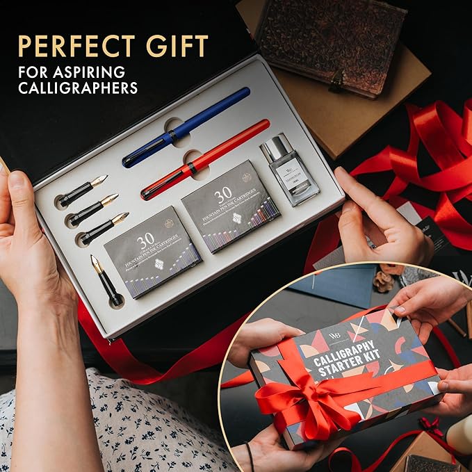 Wordsworth and Black Calligraphy Pen Set - Blue - Includes 2 Calligraphy Pens, 18 ML Ink Bottle, 60 Ink Cartridges, Ink Refill Converter, 1 Medium and 4 Broad Nibs, Brush Pen