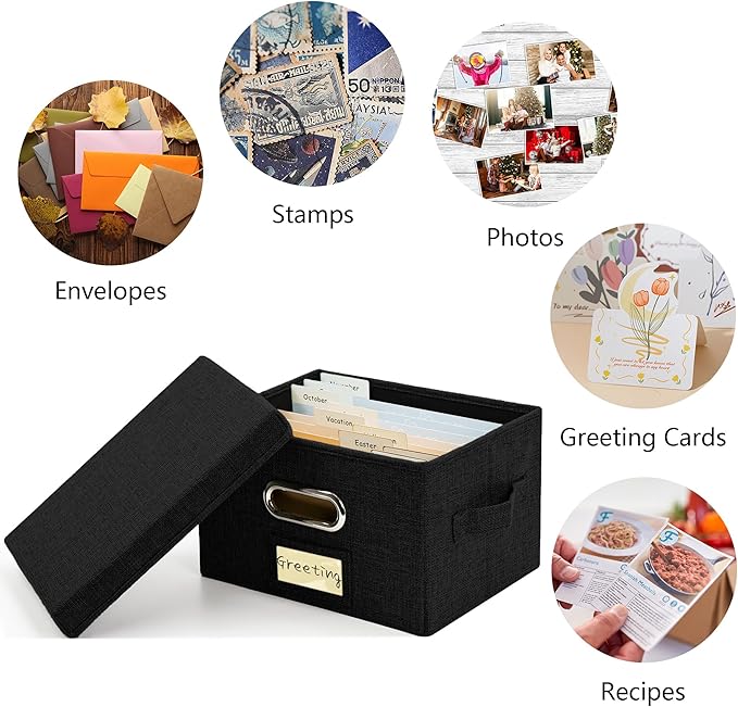 Remowith Greeting Card Organizer and Storage Box with 20 Pcs Adjustable Dividers, Storing Cards with 84 Pcs Labels Perfect for Storing Greeting Cards, Envelopes, Photos 1 Pack Black