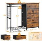 EnHomee 49.2" W Dresser with Hanging Rack & 6 Fabric Drawers – Wooden Top Organize Unit Featuring LED Lights, Charging Station & Grid Panel & Hooks for Bedroom, Rustic Brown