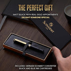 Scriveiner Luxury EDC Fountain Pen (Medium), Stunning Luxury Black Pocket Pen, Real Gold Plating, Schmidt Gilded Nib, Converter, Best Writing Gift Set for Men & Women, Nice Fancy Office Designer Pen
