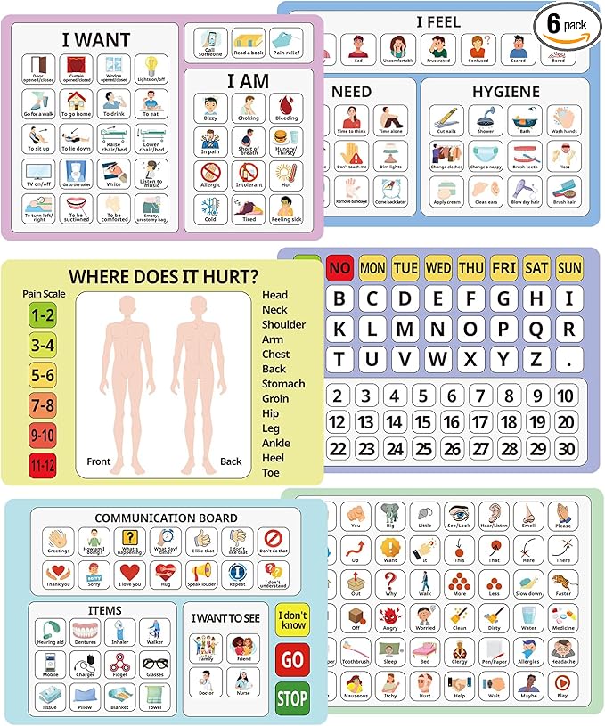 6 Pcs Communication Boards for Non Verbal Adults 11.81 x 8.27'' Colorful Picture Symbol Communication Cards Speech Tool for Autism Aphasia Stroke Patients Hospital Care Use (Multi)