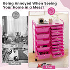 COSTWAY 15-Drawer Rolling Storage Cart, Mobile Utility Cart with Heavy-duty Frame & Lockable Wheels, Multipurpose Storage Organizer for Tools, Paper, Office, School, Hot Pink