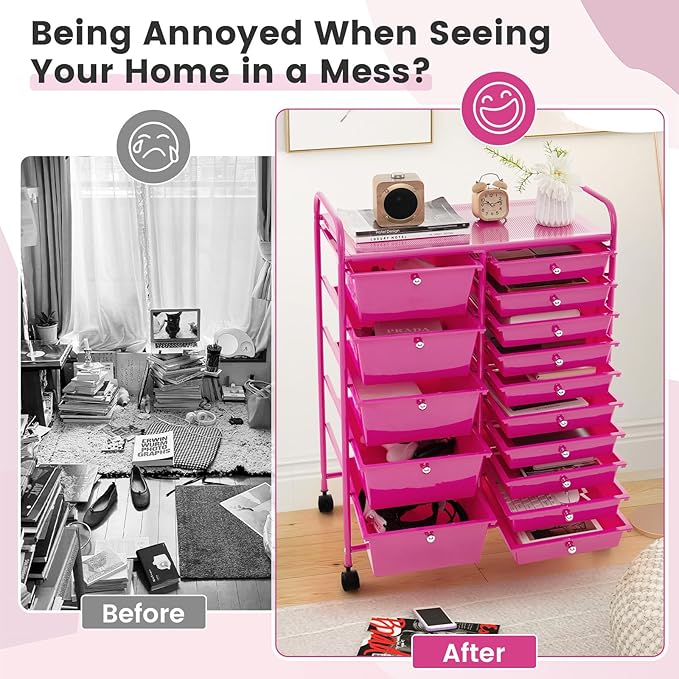 COSTWAY 15-Drawer Rolling Storage Cart, Mobile Utility Cart with Heavy-duty Frame & Lockable Wheels, Multipurpose Storage Organizer for Tools, Paper, Office, School, Hot Pink