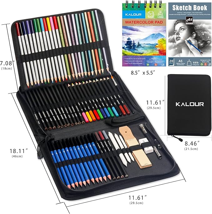 KALOUR 76pc Art Supply Set - Sketching & Drawing Kit with Tutorial Book, Sketchbook & Paper - Pencils, Pastels, Watercolors for Beginner Artists