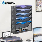 Gawerk 6 Tier Hanging File Organizer, Mesh Wall File Holder Paper Folder Rack with Bottom Flat Tray for Office Home, Black