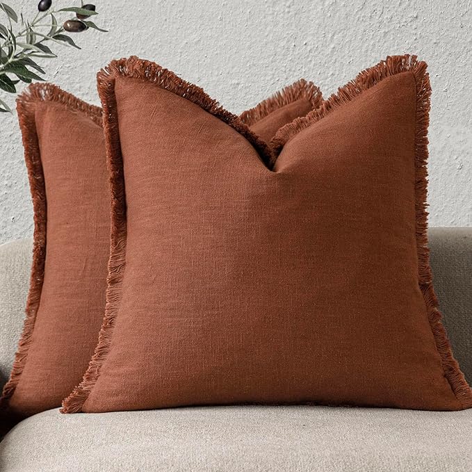 Foindtower Set of 2 Decorative Linen Fringe Throw Pillow Covers Farmhouse Cushion Cover with Tassels Soft Accent Pillowcase for Couch Chair Sofa Bed Living Room Home Decor,16×16 Inch,Fall Rust Orange