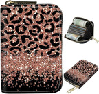 BWEGRHE Cute Credit Card Holder with Zipper, Leopard Glitter RFID-Blocking Card Case Small Wallet for Women Men, Multi-slot Card Organizer Case Travel Accordion Wallet