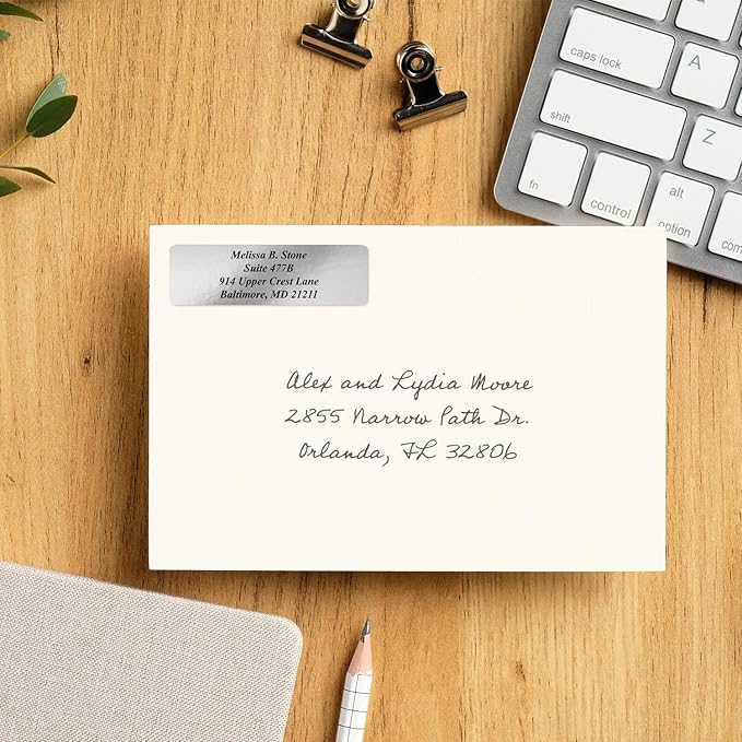 Silver Foil Personalized Return Address Labels with Elegant Dispenser - Roll of 250 Custom Stickers