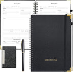 Meeting Notebook Set for Work – 3 Piece PU Leather Business Notebook with Pen & Card Holder, Professional Planner 7”x10”, Black with Gold Corners