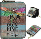 BWEGRHE Cute Credit Card Holder with Zipper, Dragonfly Glitter Wood RFID-Blocking Card Case Small Wallet for Women Men, Multi-slot Card Organizer Case Travel Accordion Wallet