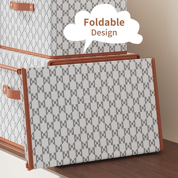 Tuza 2 Pack Fabric Storage Bins with Lids, Collapsible Closet Organizer Container, Decorative Storage Boxes with Lids for Organizing Clothes, Blanket, Grey & White, Medium
