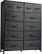 WLIVE Tall Dresser for Bedroom with 12 Drawers, Dressers & Chests of Drawers, Fabric Dresser for Closet, Living Room, Storage Dressers with Storage Drawers, Wood Top, Charcoal Black Wood Grain Print