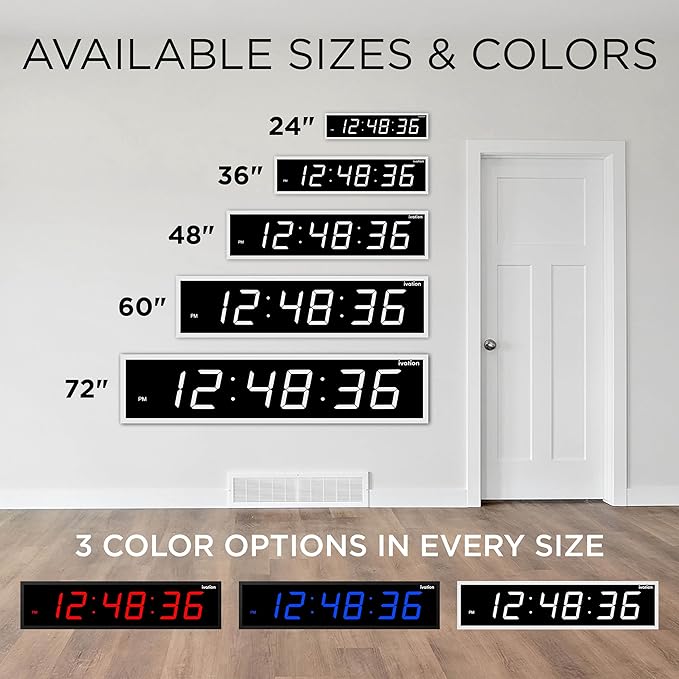 Ivation Huge Oversized 60" Large Digital LED Clock | Big Digital Clock w/Multi-Function Display – Stopwatch, Timer, Alarms, Temp & Date | 6 Brightness Levels, Time Memory & Remote (White)